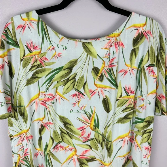 Zara Birds of Paradise Floral Open Back Dress Large Green Pink - Picture 4 of 16